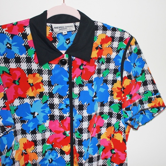 Vintage Andrea Gayle Vibrant Floral Contrast Top - Picture 1 of 3